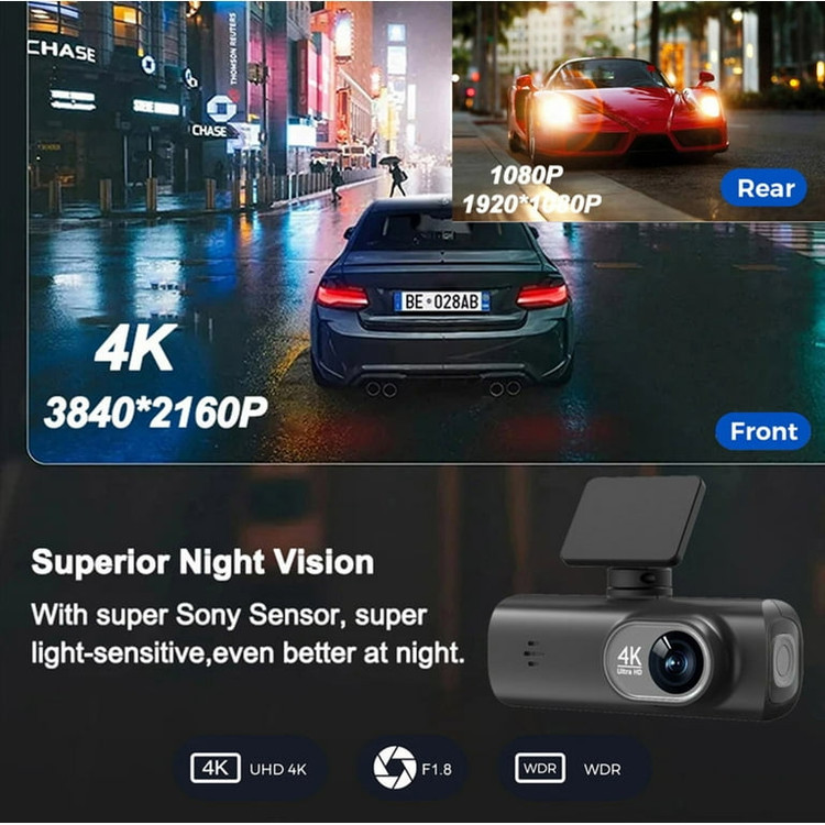 دوربین خودرو دو لنزه Sirxlevcy با کیفیت 4K و دید در شب